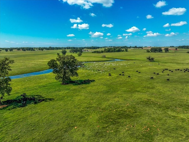 birds eye view of property featuring a water view and a rural view