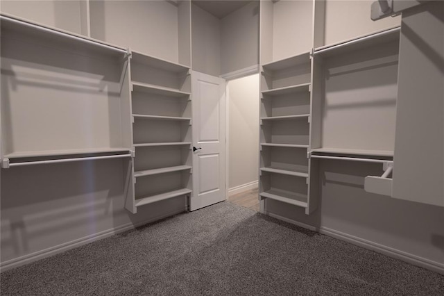 spacious closet with dark colored carpet