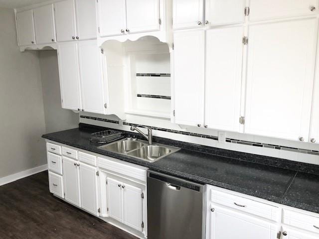 kitchen featuring white cabinets, dishwasher, dark hardwood / wood-style flooring, and sink