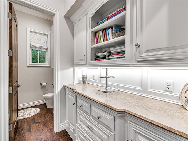 bathroom featuring vanity, wood-type flooring, and toilet