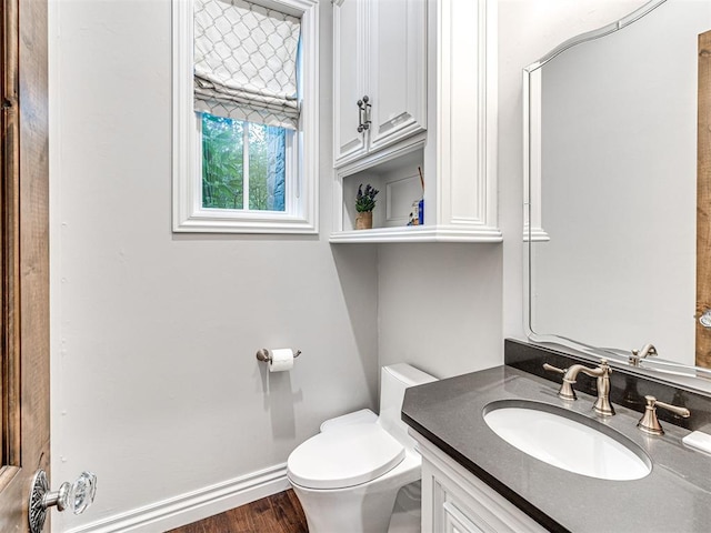 bathroom with vanity, hardwood / wood-style flooring, and toilet