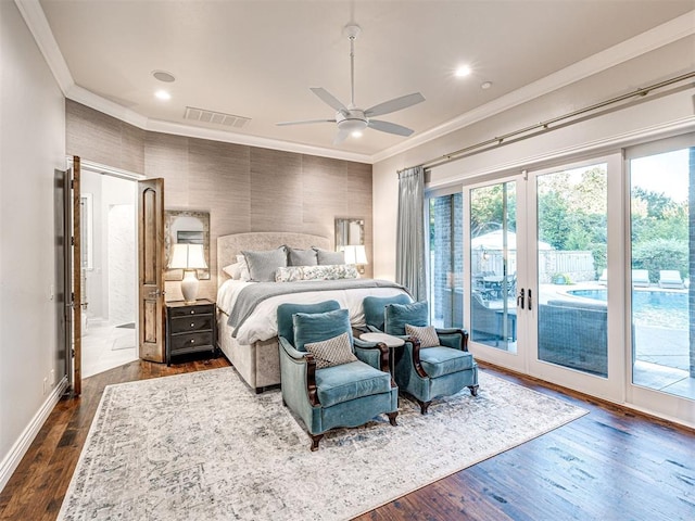 bedroom featuring french doors, ceiling fan, access to exterior, ornamental molding, and dark hardwood / wood-style flooring