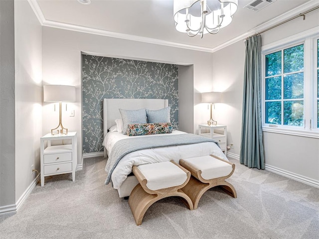 bedroom featuring light colored carpet, crown molding, and a notable chandelier