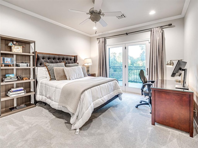 carpeted bedroom featuring access to exterior, ceiling fan, and crown molding