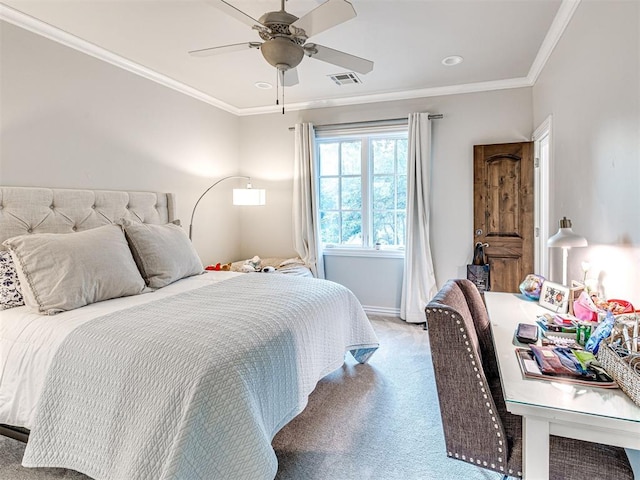 bedroom with ceiling fan, crown molding, and light carpet