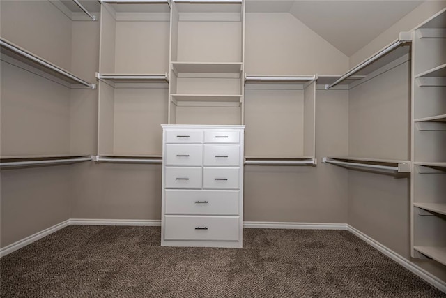 walk in closet featuring dark colored carpet and vaulted ceiling