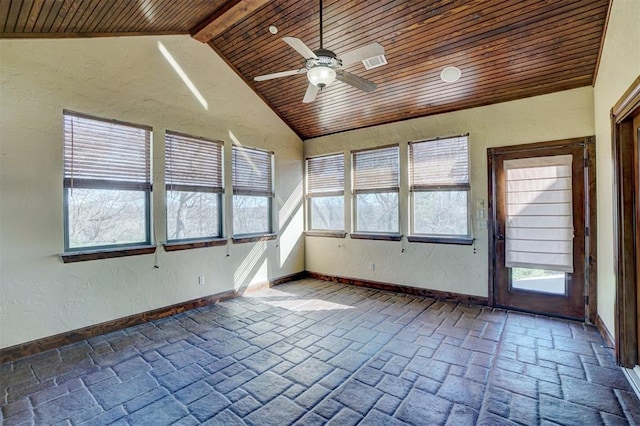 unfurnished sunroom with vaulted ceiling with beams, ceiling fan, and wooden ceiling