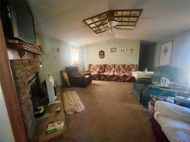11322 Ns 3500th Rd, Prague, OK 74864 - living area with carpet flooring, a ceiling fan, a fireplace, and vaulted ceiling