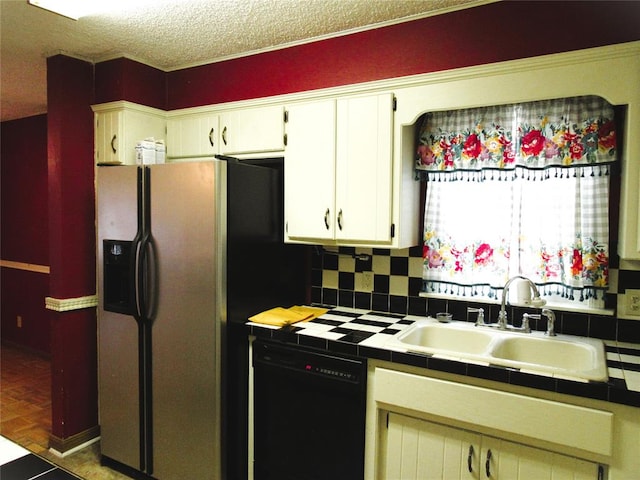 kitchen with white cabinetry, sink, black dishwasher, stainless steel fridge with ice dispenser, and tile countertops