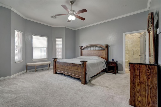 bedroom featuring ceiling fan, ornamental molding, and light carpet