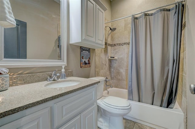 full bathroom featuring vanity, shower / bath combination with curtain, and toilet