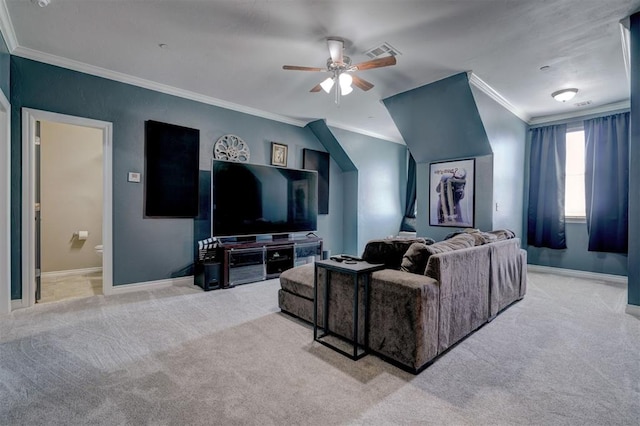 carpeted living room with ornamental molding and ceiling fan