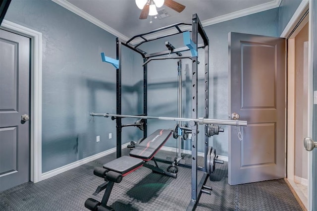 exercise area with crown molding and ceiling fan