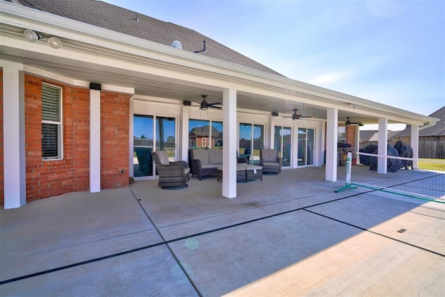 view of patio featuring ceiling fan and an outdoor hangout area