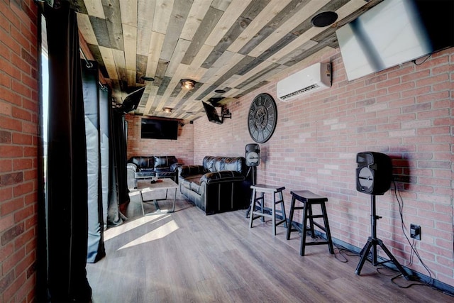 interior space with an outdoor living space, a wall unit AC, and a bar