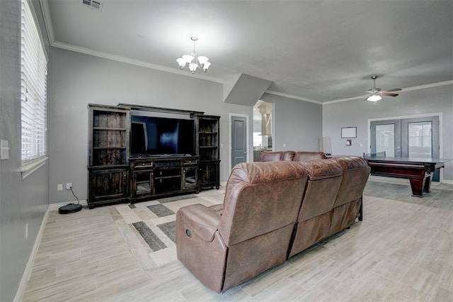 living room featuring ornamental molding and light hardwood / wood-style floors