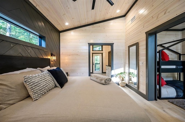 bedroom featuring wooden ceiling, wooden walls, and multiple windows