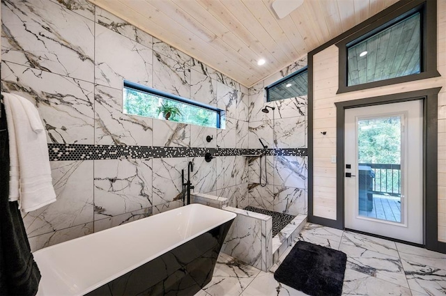 bathroom with vaulted ceiling, independent shower and bath, wooden ceiling, and tile walls