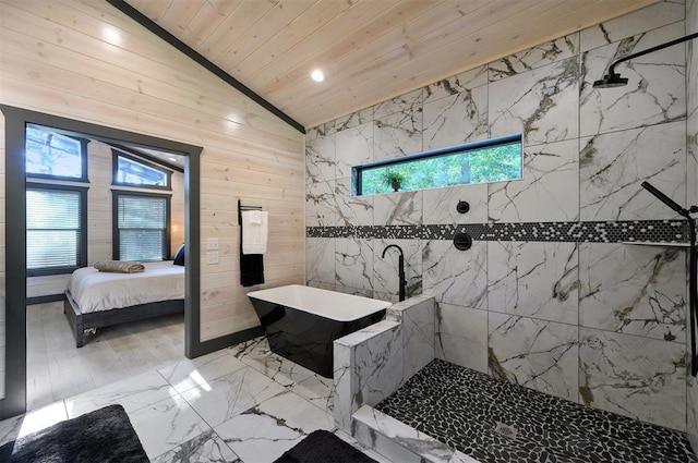 bathroom featuring wood walls, wooden ceiling, vaulted ceiling, tile walls, and walk in shower