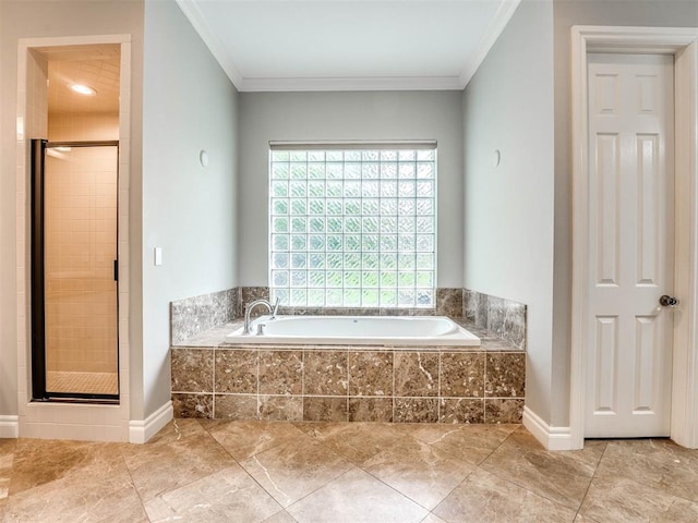 bathroom with independent shower and bath and ornamental molding