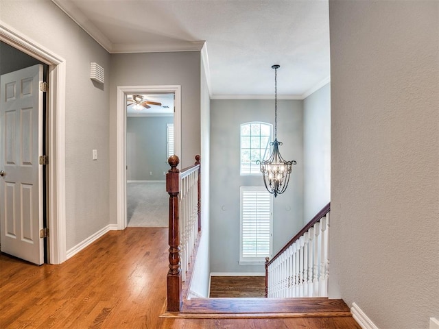 entryway featuring a chandelier, wood-type flooring, and ornamental molding