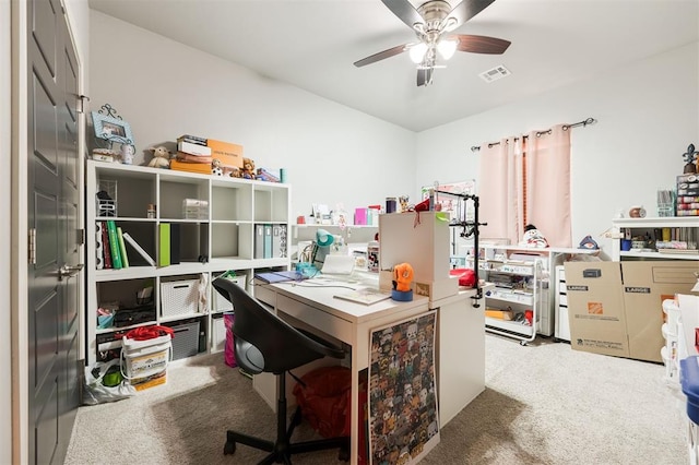 office space with carpet flooring and ceiling fan