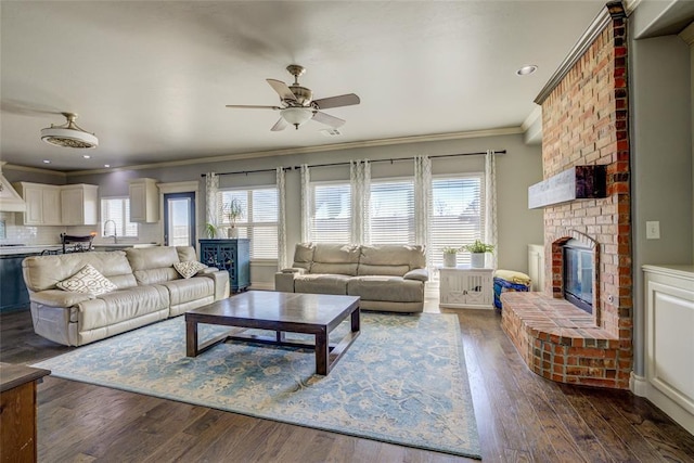 living room with dark wood-style floors, a fireplace, and a healthy amount of sunlight