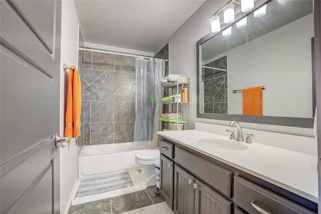 bathroom with vanity, toilet, and shower / bath combo with shower curtain