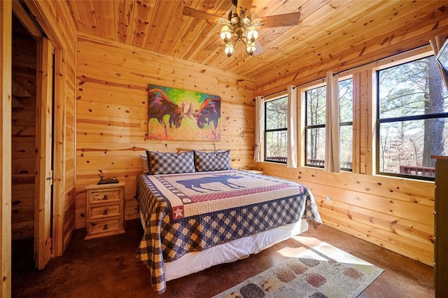 bedroom featuring ceiling fan, wood ceiling, and wood walls