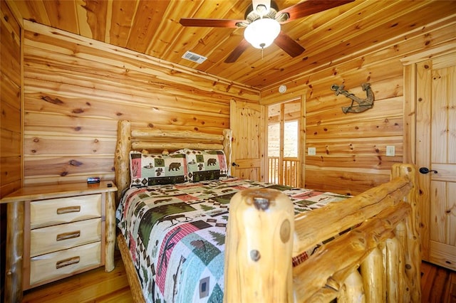 bedroom with wood-type flooring, ceiling fan, wooden walls, and wood ceiling