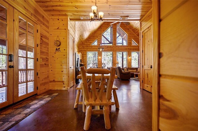 dining space with a chandelier, french doors, wood walls, and wood ceiling