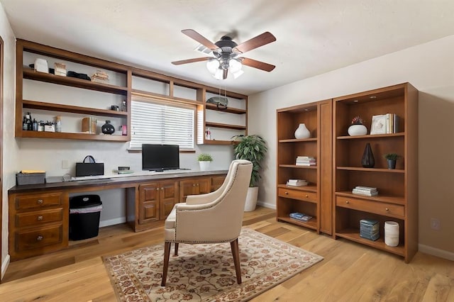 office area with ceiling fan and light hardwood / wood-style flooring