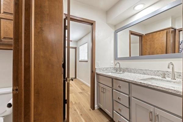 bathroom with vanity, hardwood / wood-style flooring, and toilet