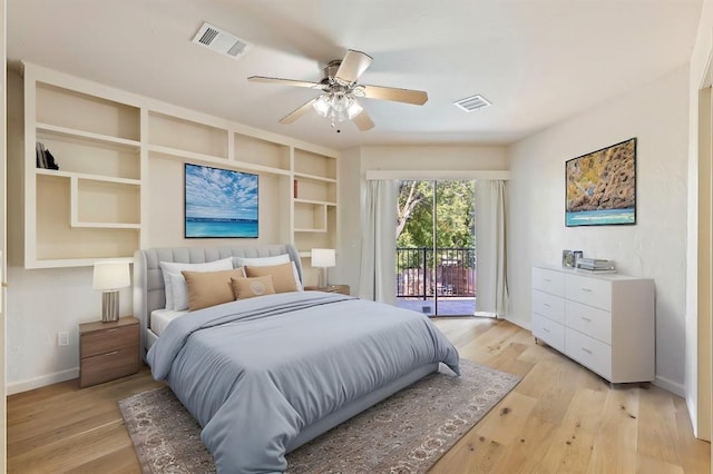 bedroom with access to exterior, ceiling fan, and light hardwood / wood-style floors