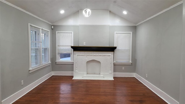 unfurnished living room with a brick fireplace, lofted ceiling, crown molding, and dark wood-type flooring