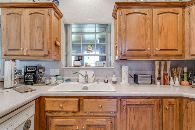 kitchen featuring backsplash, sink, and white dishwasher