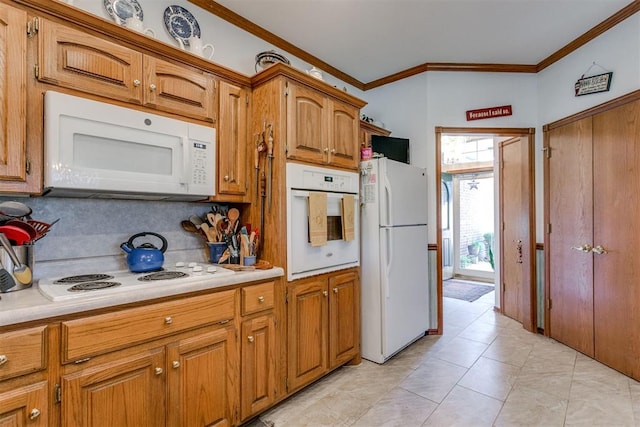 kitchen with white appliances, ornamental molding, light tile patterned floors, and tasteful backsplash