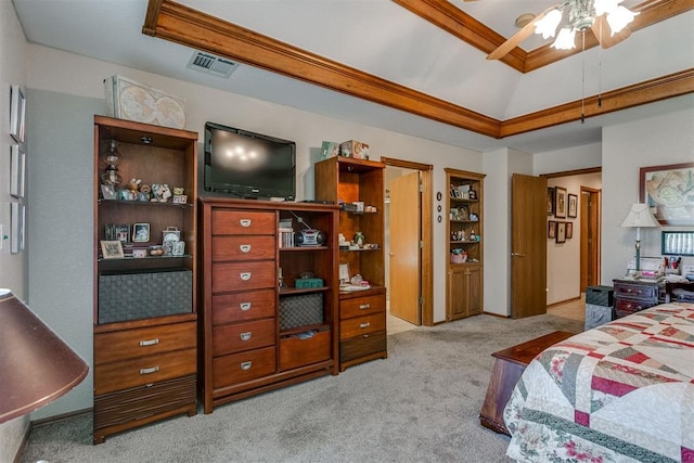 bedroom featuring light colored carpet, a raised ceiling, ceiling fan, and ornamental molding