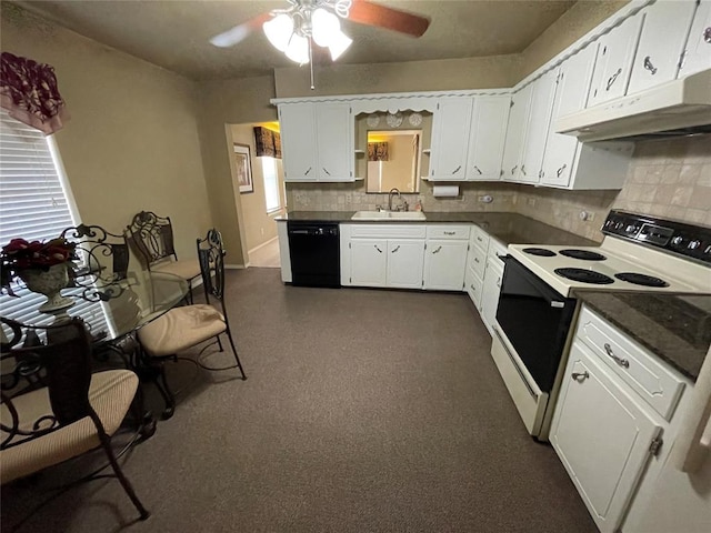 kitchen with backsplash, white cabinets, sink, electric range, and black dishwasher