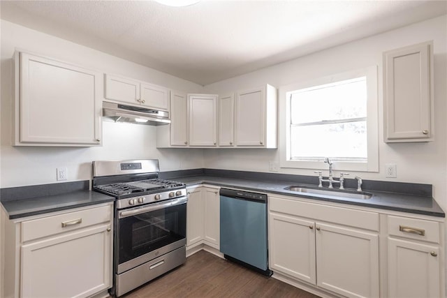 kitchen featuring white cabinets, dark hardwood / wood-style flooring, sink, and appliances with stainless steel finishes