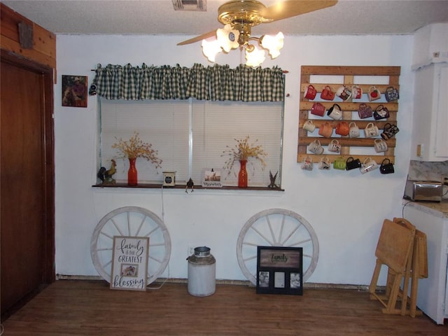 interior space with wood-type flooring, a textured ceiling, and ceiling fan