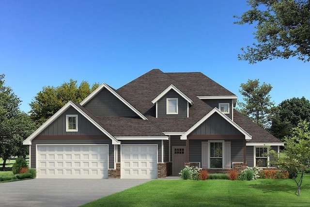 craftsman house with board and batten siding, a front yard, brick siding, and driveway