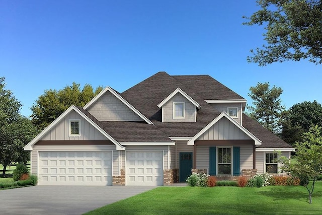 craftsman-style home featuring a shingled roof, board and batten siding, a front yard, a garage, and driveway