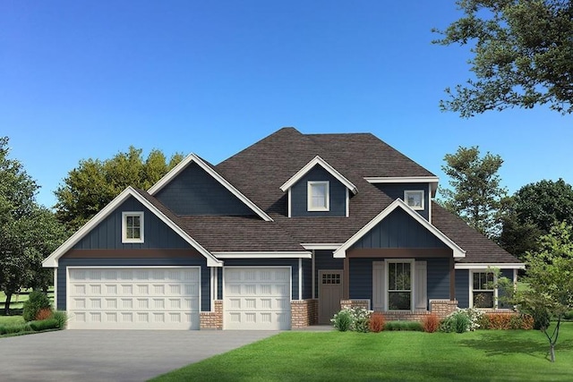 craftsman-style house with brick siding, a shingled roof, board and batten siding, a front yard, and driveway