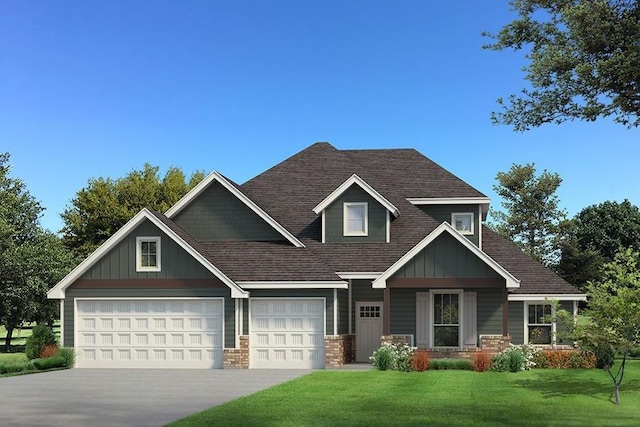 craftsman-style house with concrete driveway, a shingled roof, board and batten siding, and a front yard