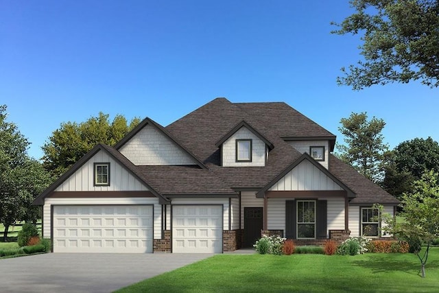 view of front of house featuring a garage, a front lawn, board and batten siding, and brick siding