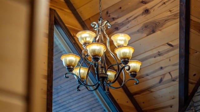 interior details featuring beamed ceiling and wood walls