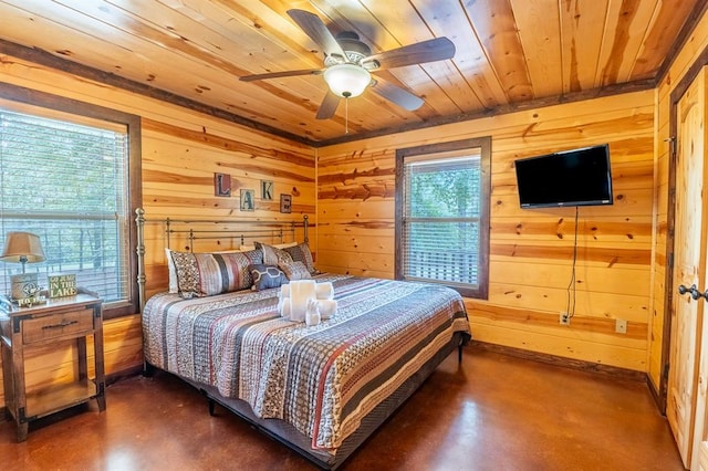 bedroom with ceiling fan, wood walls, and wooden ceiling