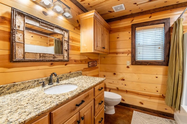 bathroom with a shower with curtain, wood walls, wooden ceiling, and toilet