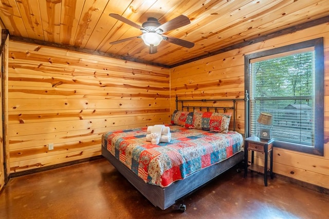 bedroom with wood ceiling, ceiling fan, and wood walls